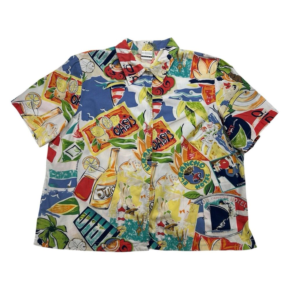 Vintage Button Up Blouse Women's Short Sleeve Shirt Tropical Art Cocktails AOP